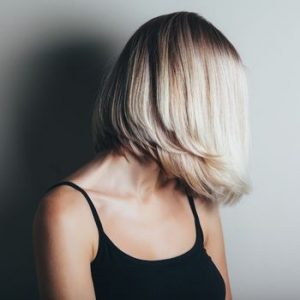 A woman with a lob haircut.