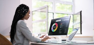 A woman typing on a computer. The monitor shows a circle chart of expenses.